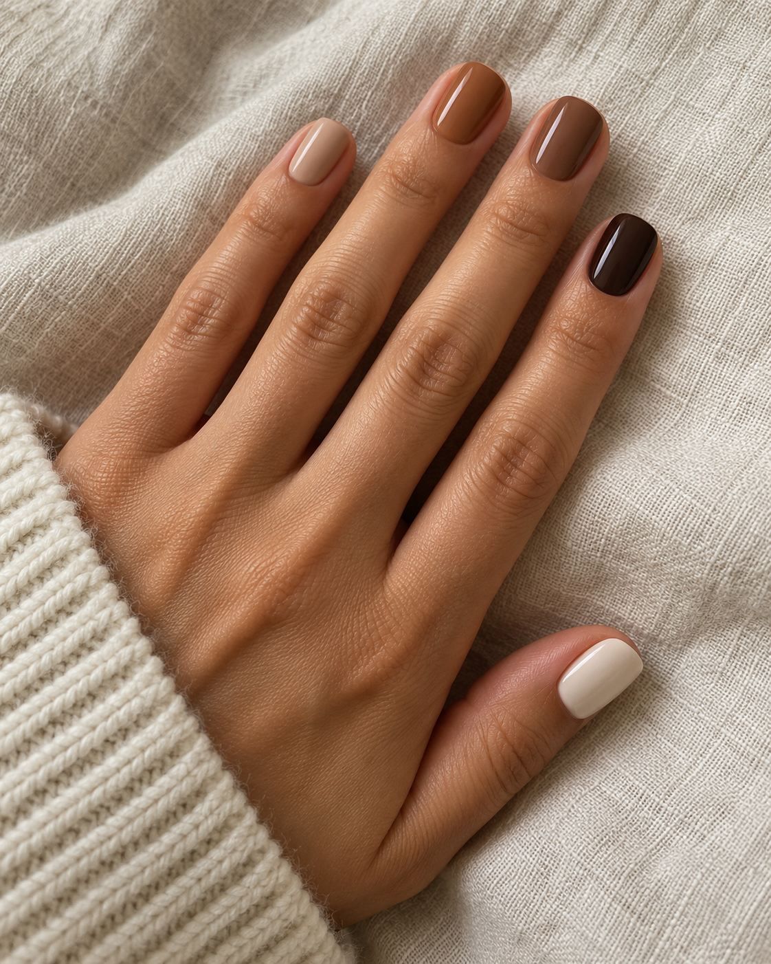 Short nails in five glossy shades of cream, beige, caramel, mocha, and espresso.