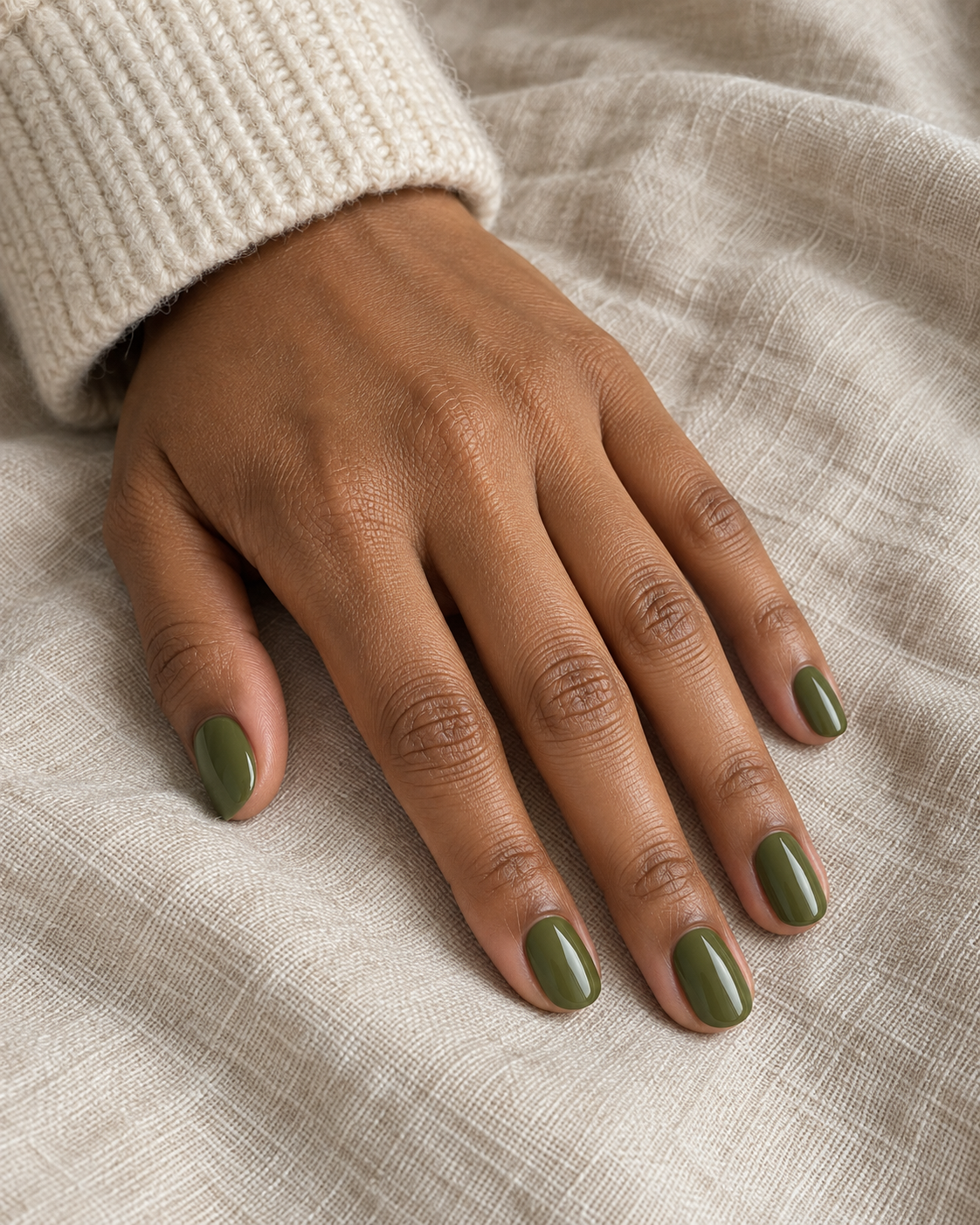 Short oval nails painted glossy muted olive green beside an ivory sweater cuff.
