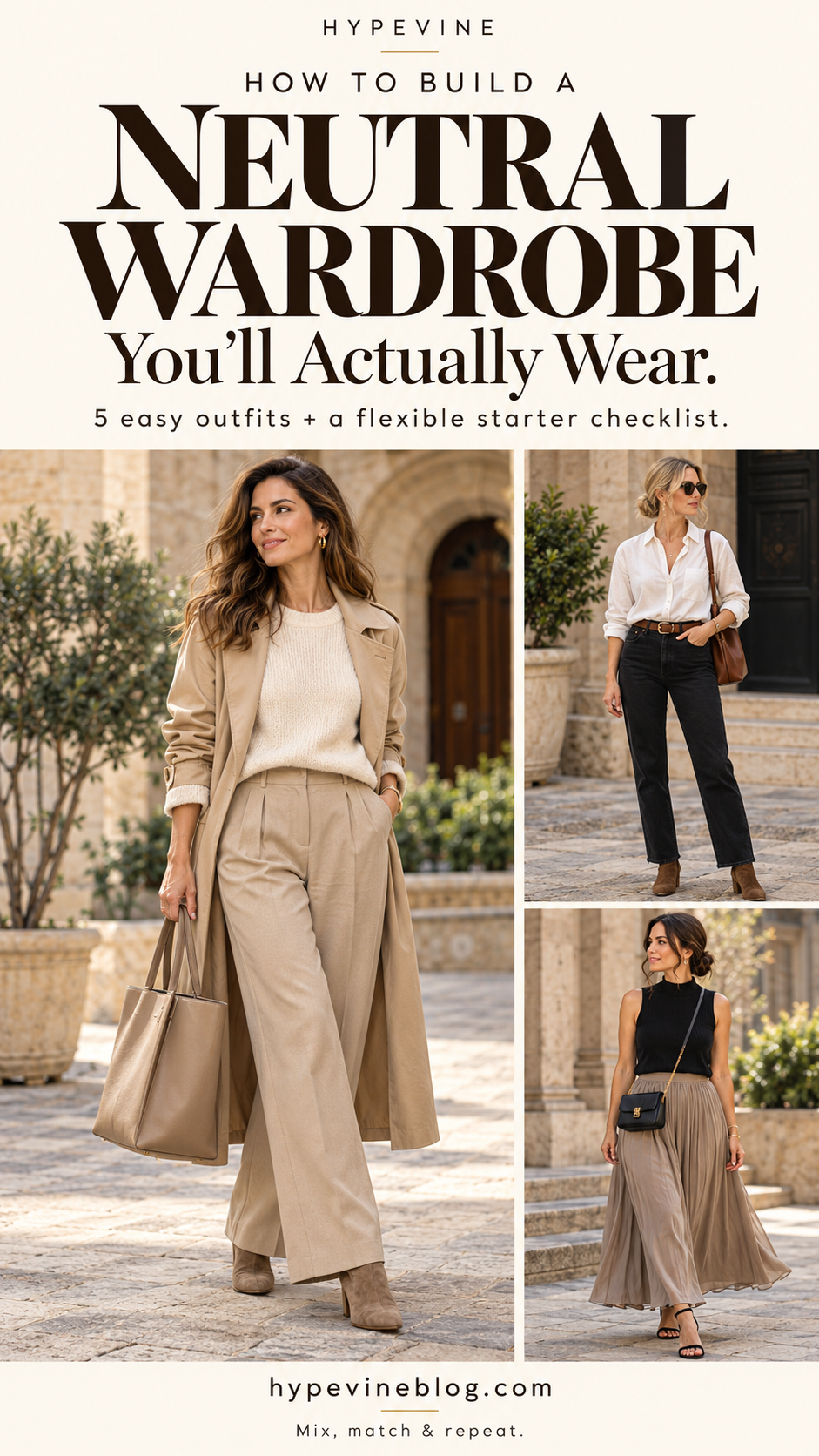 HypeVine neutral wardrobe collage with three outfits: a cream sweater, beige trench and sand trousers; an ivory shirt with black jeans; and a black sleeveless top with a taupe midi skirt. Headline reads Neutral Wardrobe You’ll Actually Wear.
