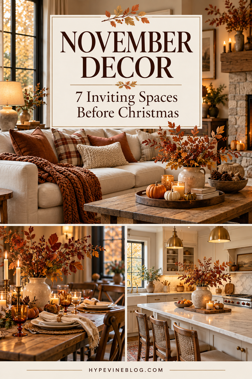 November decor collage featuring a cream sofa with rust and plaid cushions, a fall dining table, and a cream kitchen with autumn branches. Text reads “November Decor: 7 Inviting Spaces Before Christmas” and “HypeVineBlog.com.”
