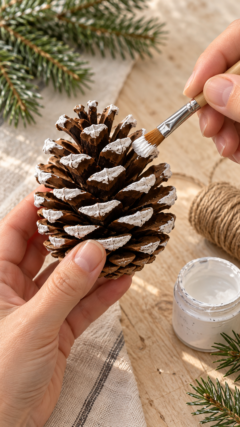 Hands brushing white paint onto the outer edges of a brown pinecone, with a paint pot and jute twine on the craft table.