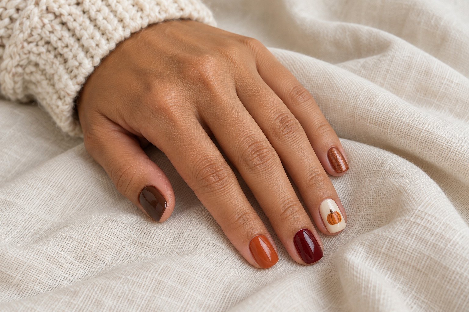 Short fall nails in chocolate brown, terracotta, burgundy, and copper with a tiny pumpkin on a cream accent nail.