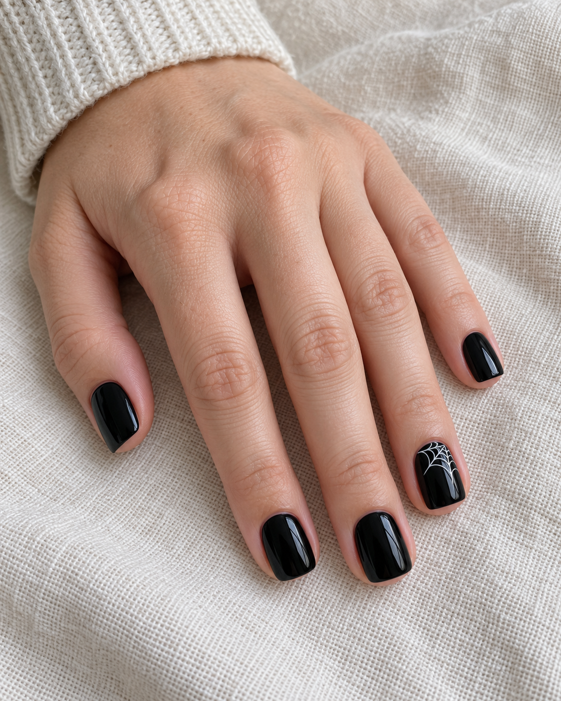 Glossy black short nails with a small white spiderweb on one accent nail.