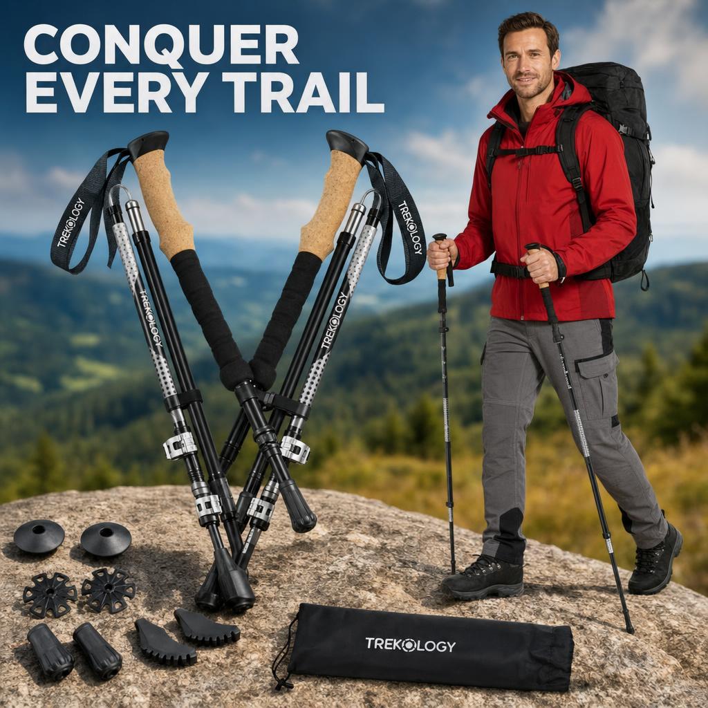 TREKOLOGY trekking poles, accessories, and carry bag beside a hiker wearing a red jacket.