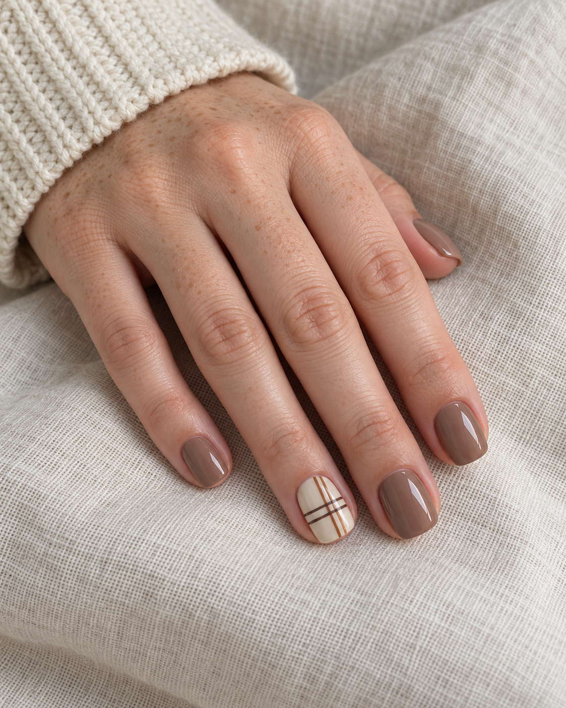 Glossy taupe nails with a cream accent nail featuring fine caramel and brown plaid lines.
