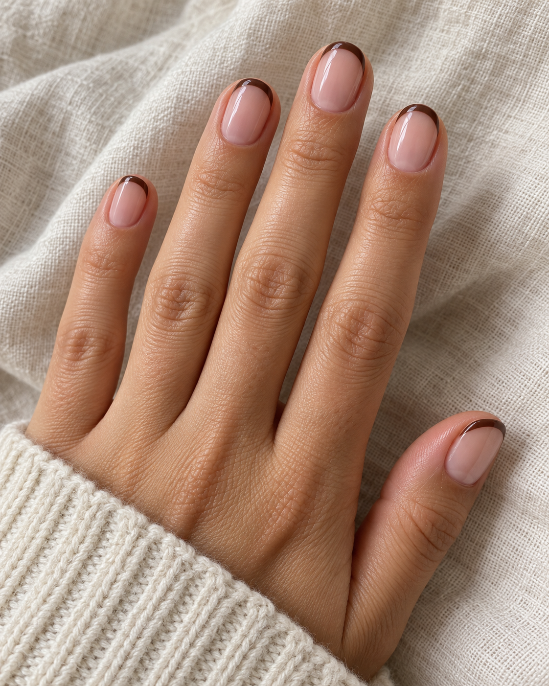 Short oval nails with a sheer pink base and thin chocolate brown French tips.