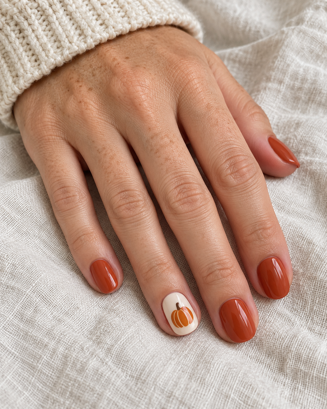 Glossy terracotta nails with one orange pumpkin painted on a cream accent nail.