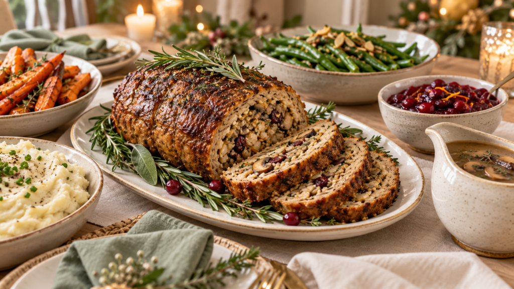 Sliced stuffed plant-based roast on an ivory platter with cranberry sauce, mashed potatoes, green beans, carrots, and gravy.