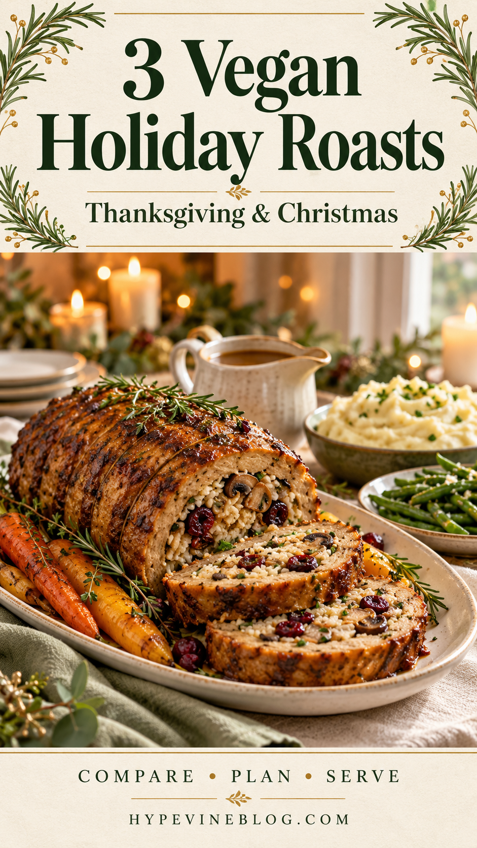 Pinterest graphic reading “3 Vegan Holiday Roasts, Thanksgiving & Christmas” above a sliced stuffed roast with holiday side dishes.