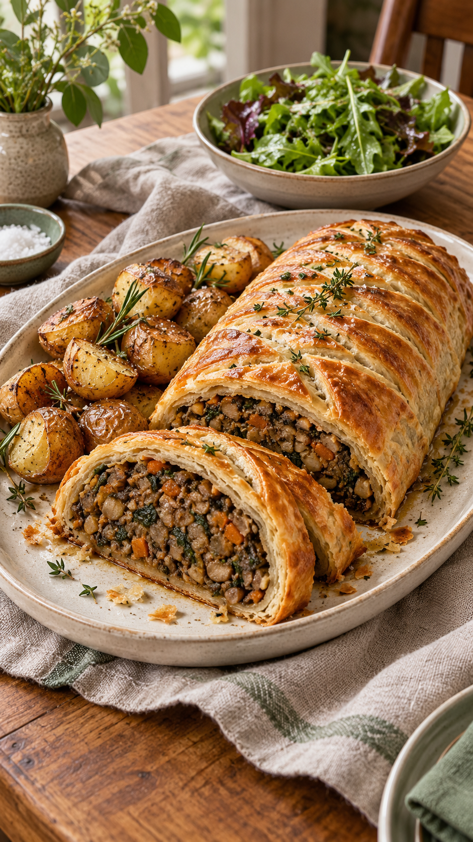 Sliced mushroom Wellington in golden puff pastry on a ceramic platter with rosemary roasted potatoes and a bowl of green salad.