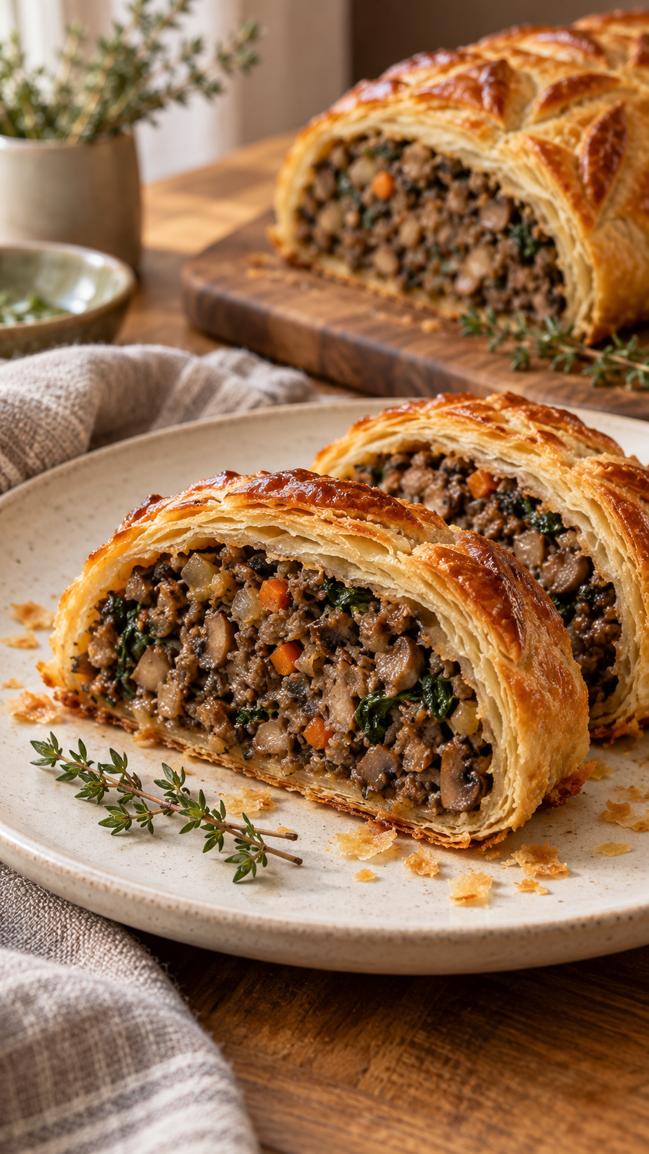 Two slices of mushroom Wellington showing chopped mushroom and vegetable filling inside flaky golden pastry, with thyme on an ivory plate.