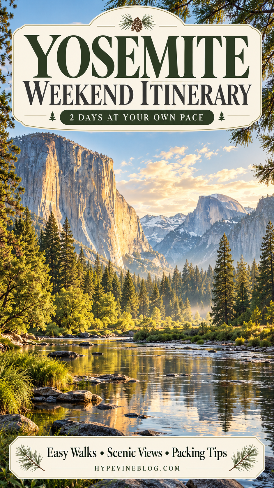 Yosemite weekend itinerary pin with an illustrated granite valley, pine trees, and river, featuring easy walks, scenic views, and packing tips.