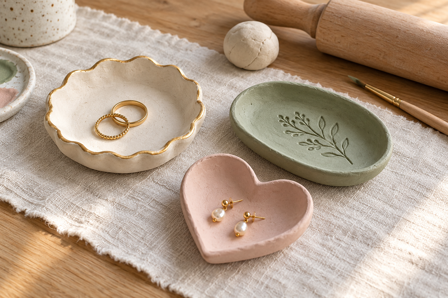 Air dry clay trinket dishes in cream, sage, and blush, holding gold rings and earrings on ivory linen.