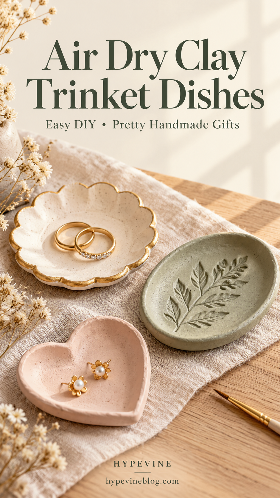 Air Dry Clay Trinket Dishes pin featuring a cream scalloped ring dish, sage botanical dish, and blush heart dish.