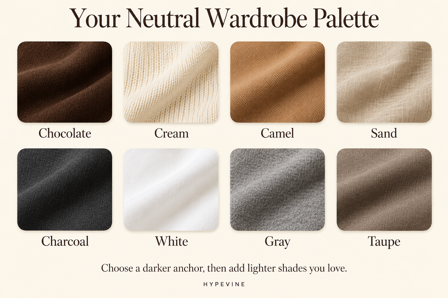 Eight fabric swatches labeled Chocolate, Cream, Camel, Sand, Charcoal, White, Gray, and Taupe on an ivory background.