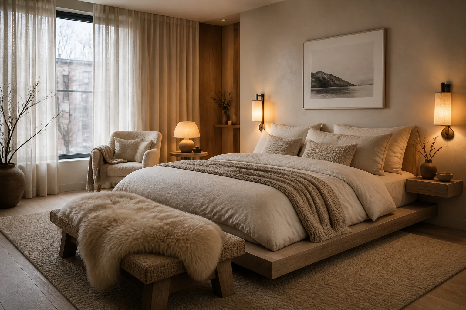 Neutral bedroom with layered cream bedding, a wood platform bed, warm wall lamps, sheer curtains, and a textured bench.