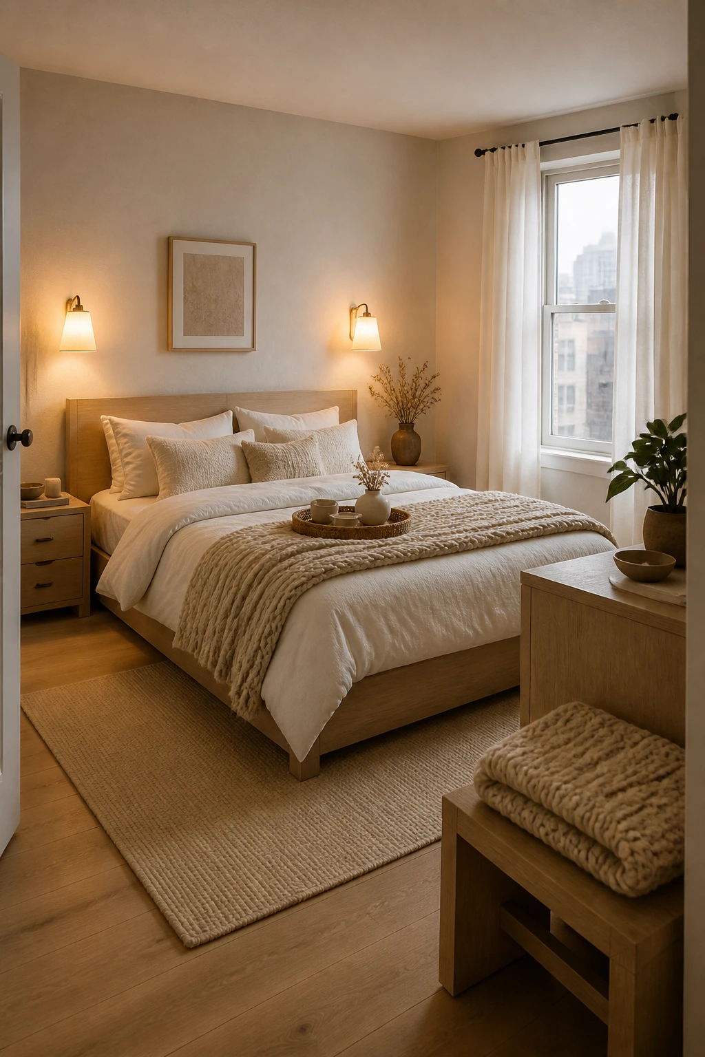 Neutral bedroom with a light wood bed, ivory bedding, a chunky cream throw, warm wall sconces, and white curtains.