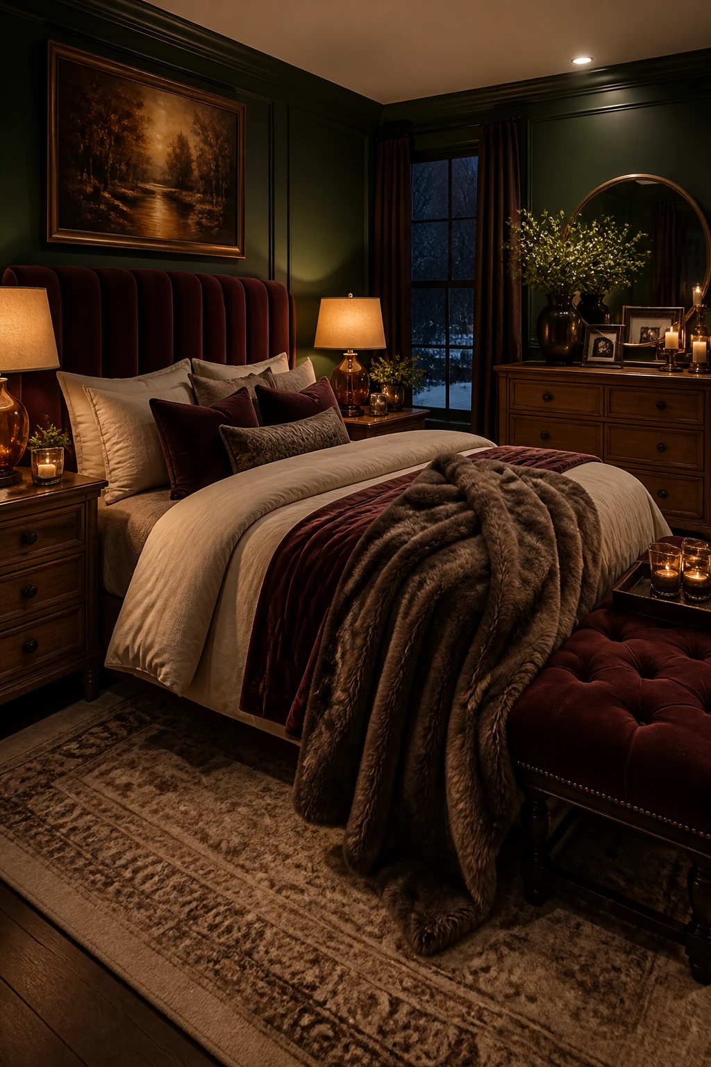 Dark green bedroom with a burgundy upholstered headboard, cream bedding, layered brown and burgundy throws, and glowing amber bedside lamps.