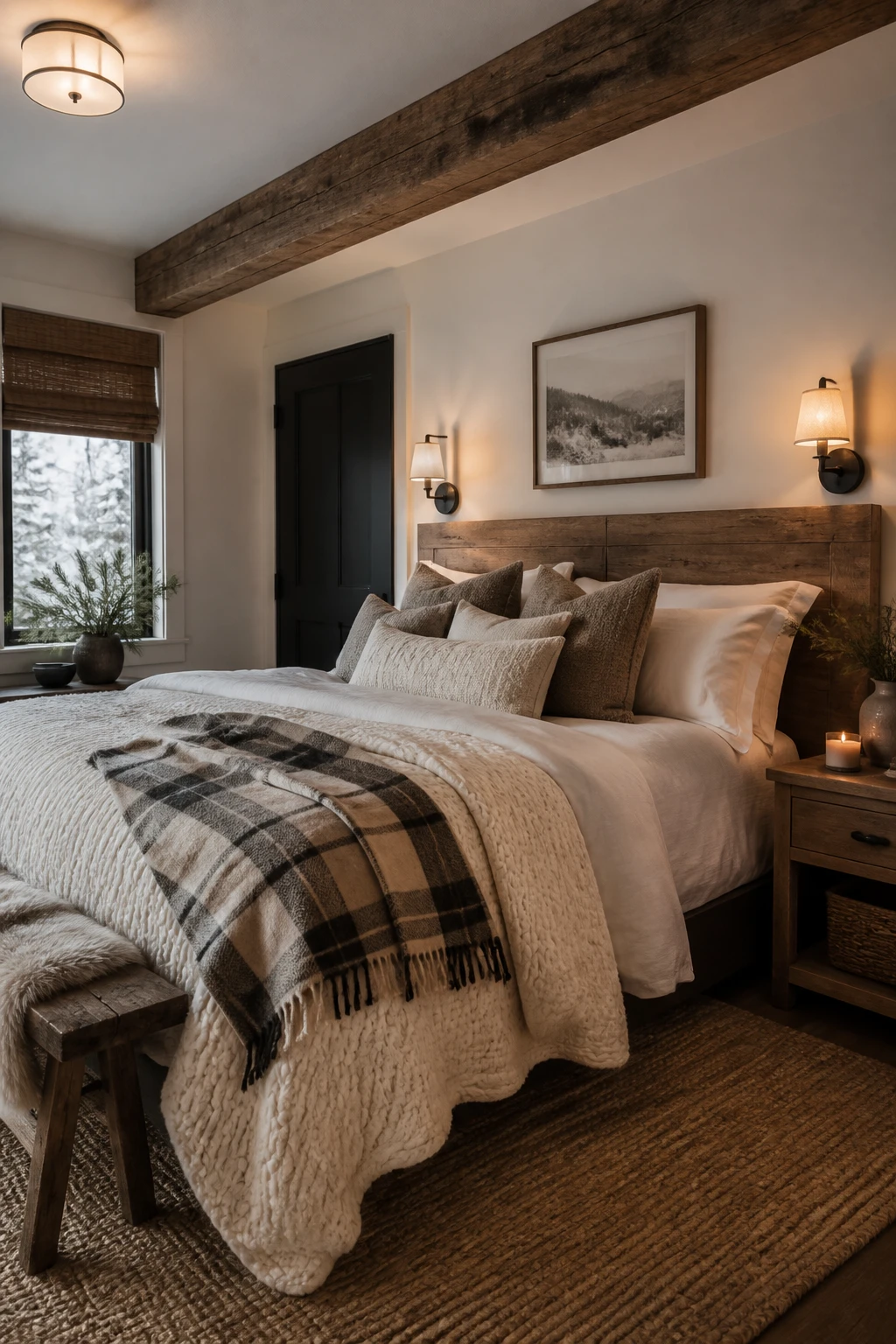 Rustic bedroom with a wood headboard and ceiling beam, cream knitted bedding, a plaid throw, wall sconces, and a snowy view.