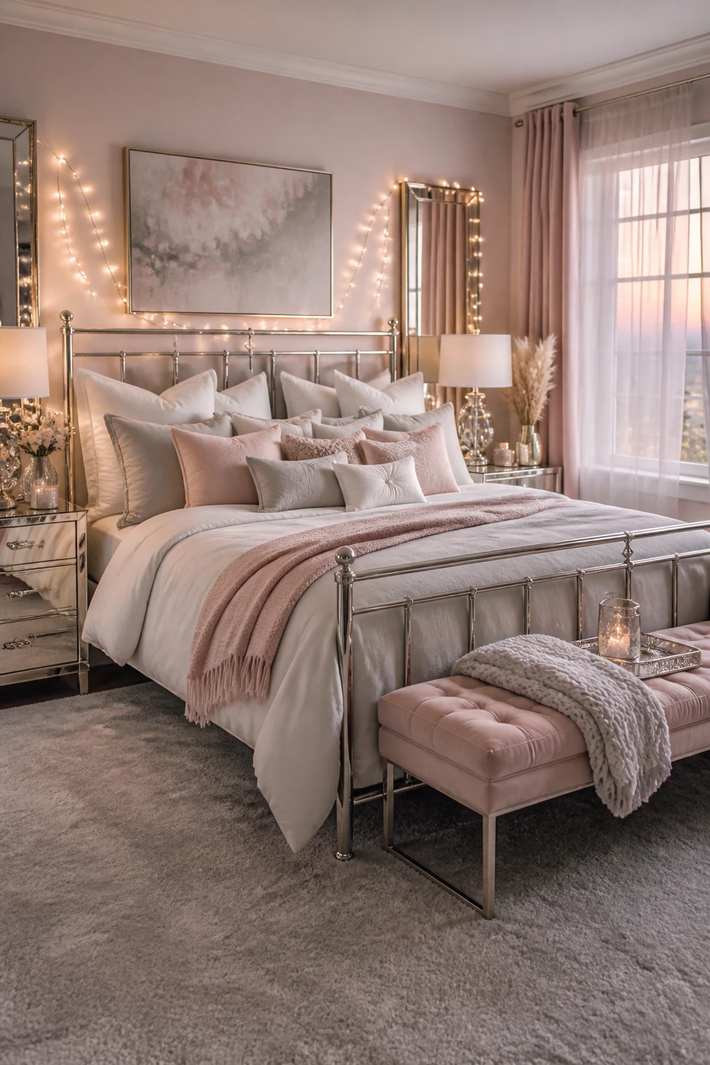 Blush and silver bedroom with a metal bed frame, white and gray bedding, pink pillows and throw, mirrored nightstands, and warm string lights.