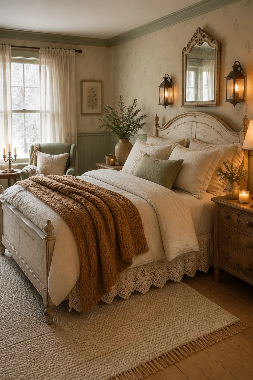Vintage-style bedroom with a distressed cream bed, sage paneling and floral wallpaper, ivory linens, a caramel knitted throw, and lantern-style lighting.