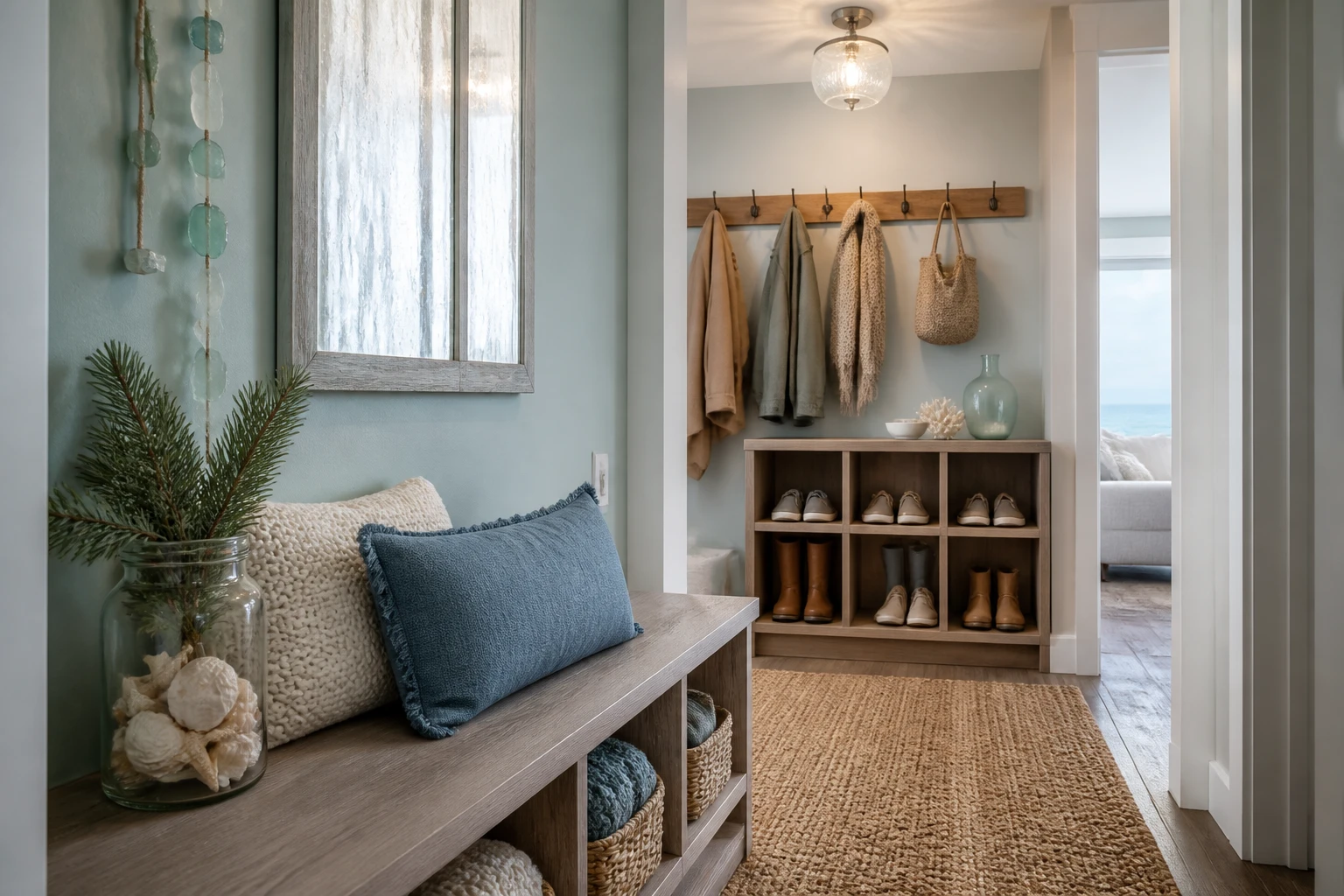 Soft blue entryway with wooden benches, coat pegs, boot cubbies, woven storage baskets, and a long natural-toned rug.