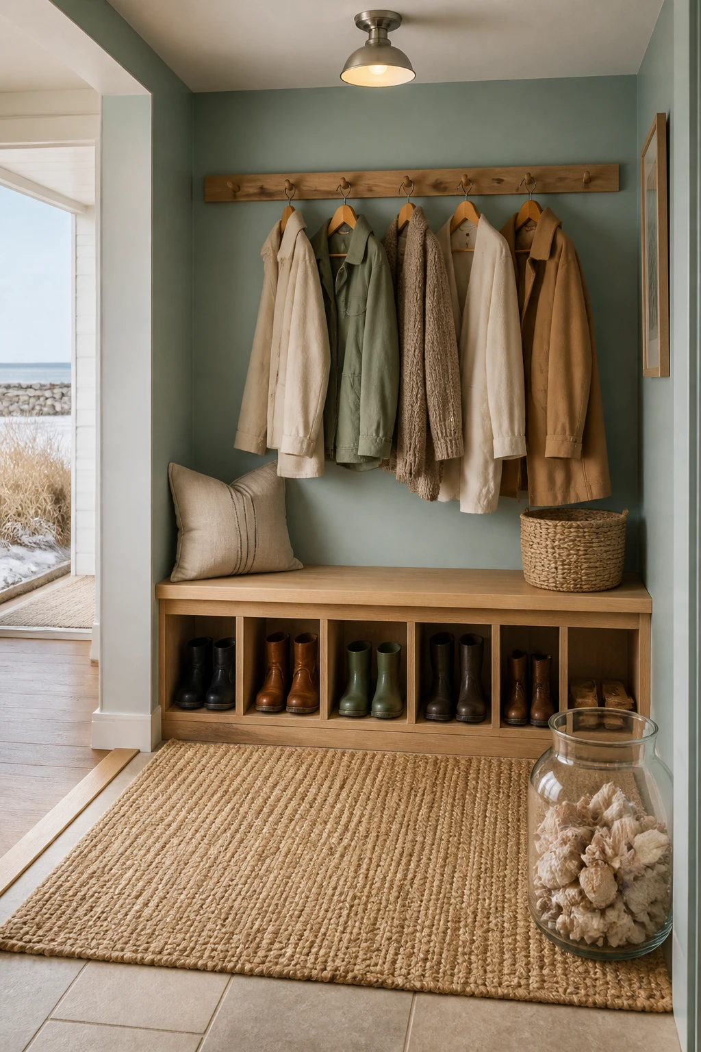 Seafoam entryway with wooden coat pegs, a bench, individual boot cubbies, and a woven rug.
