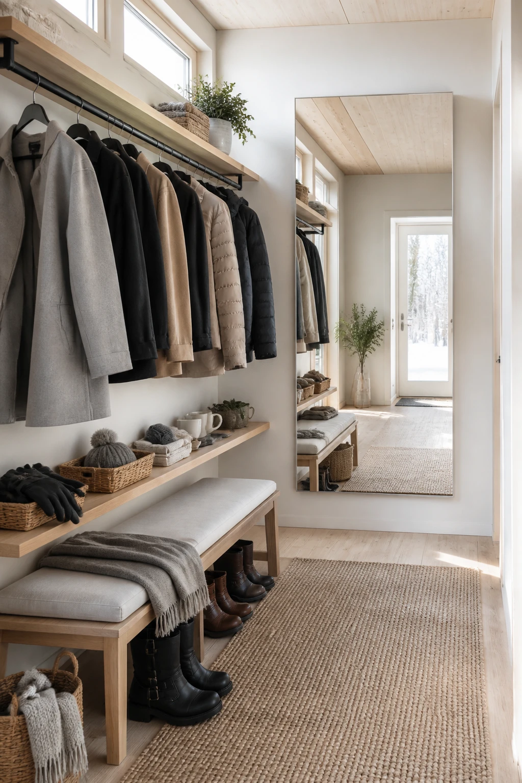 Light hallway with a long coat rail, pale wood shelves, a cushioned bench, and a large mirror. Showcasing winter entryway organization.