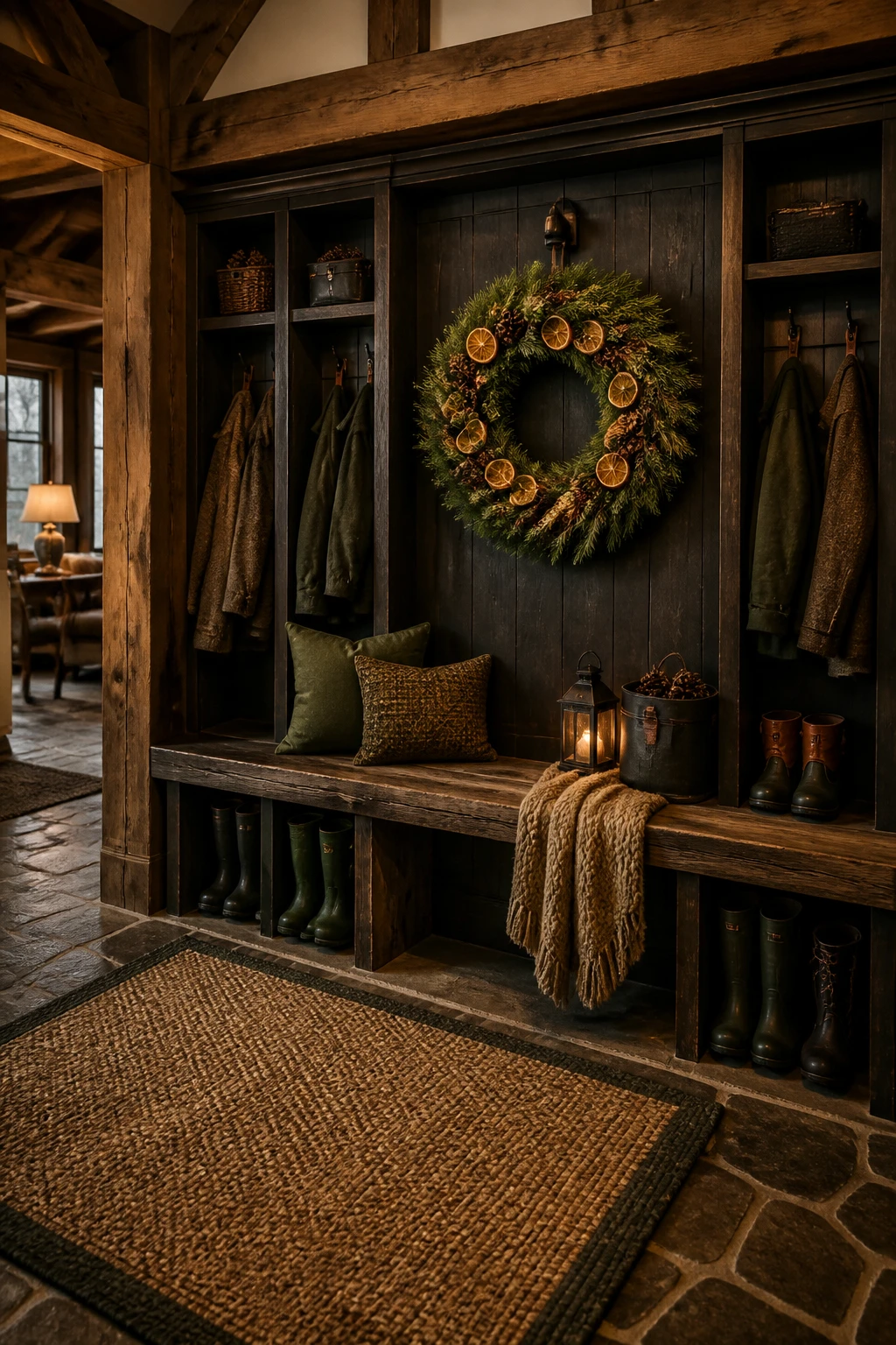 Dark wood mudroom with boot cubbies, a long bench, hanging coats, and an evergreen wreath with orange slices.
