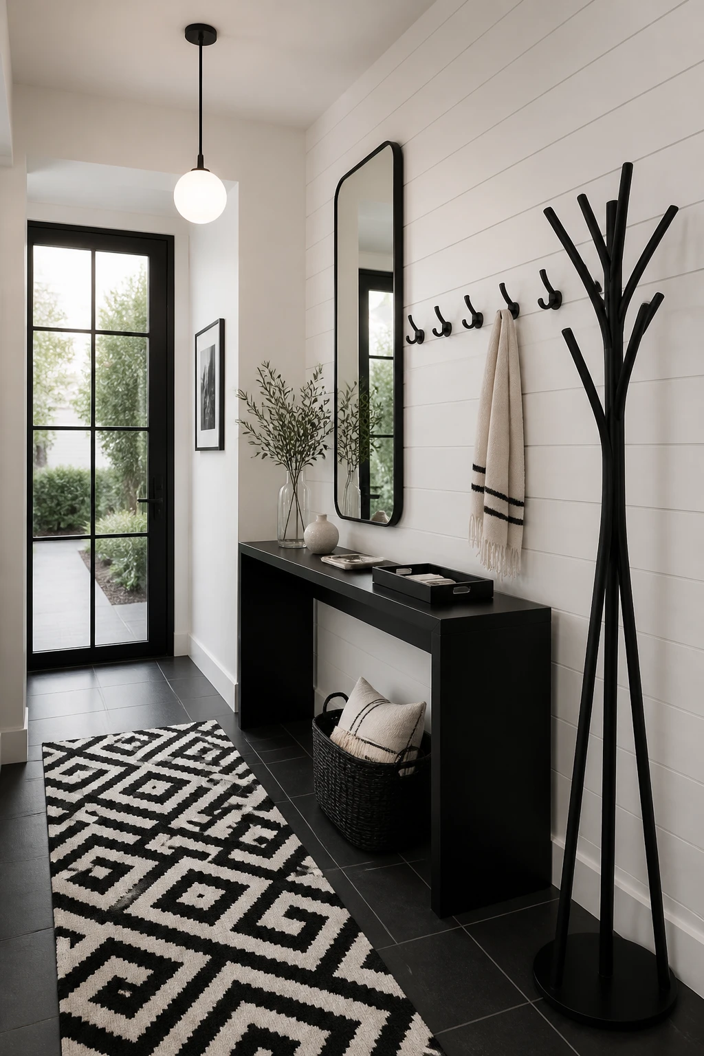 Black-and-white entryway with a slim console, wall hooks, a tall mirror, a coat stand, and a geometric rug.