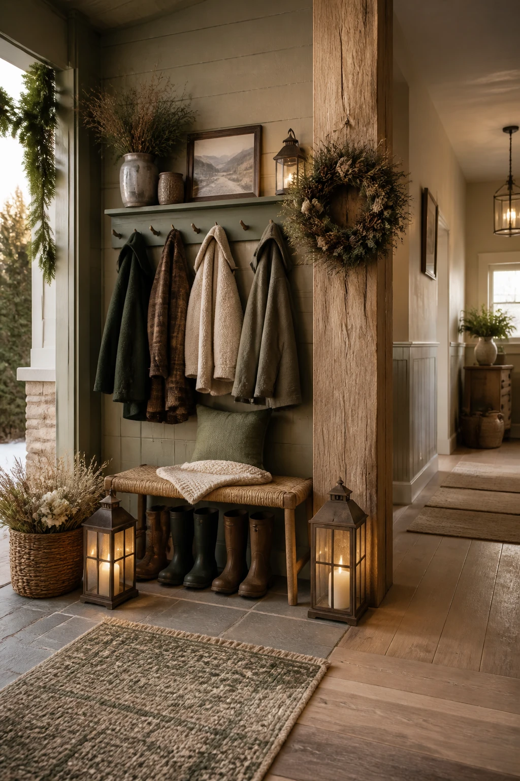 Cottage entryway with a small bench, coats on pegs, boots underneath, a wreath, and lanterns beside a timber post.