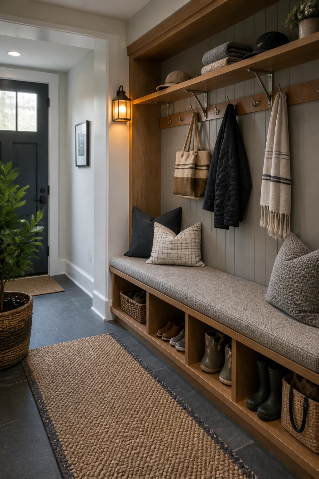 Gray and wood entryway built-in with a cushioned bench, lower shoe cubbies, coat hooks, and an upper shelf.