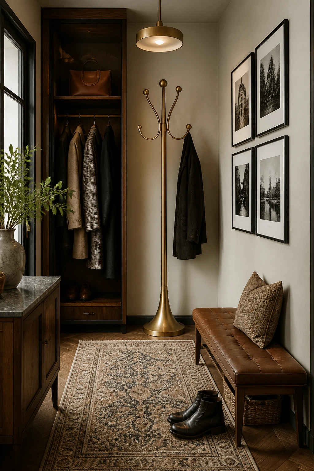 Vintage-inspired hallway with an open wooden wardrobe, a brass coat tree, a small bench, and framed black-and-white photographs.