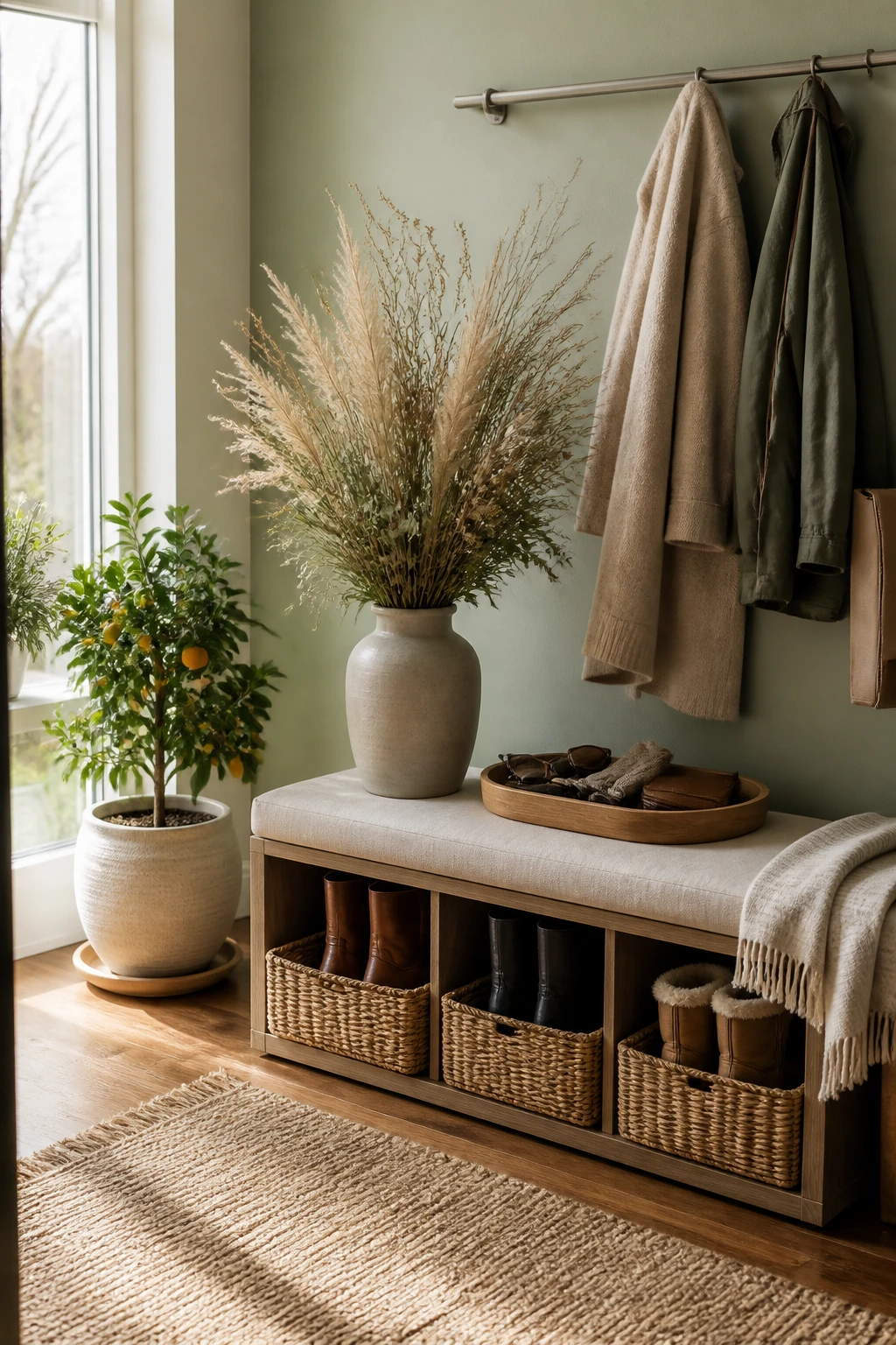 Sage green entryway with a cushioned wood bench, woven baskets, hanging coats, dried grasses, and a small potted citrus tree.