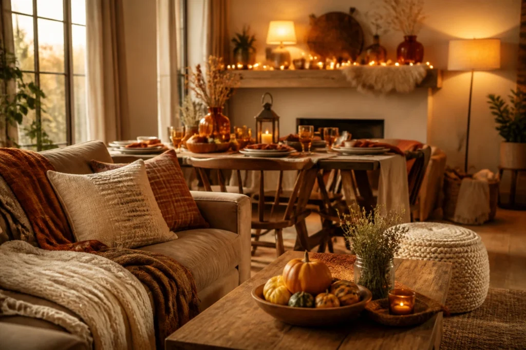 November home decor with a cream sofa, rust and cream throws, pumpkins on a wooden coffee table, and a warmly lit dining area beyond.