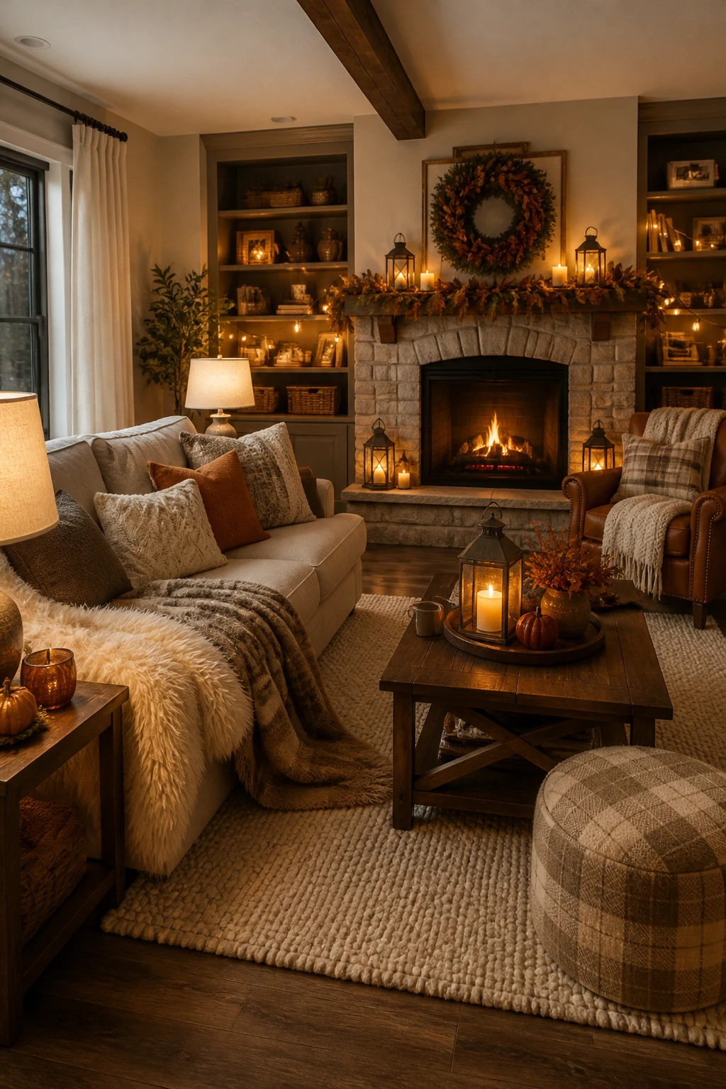 November decor in a neutral living room with a cream sofa, plaid chair, knitted throws, lanterns, and an autumn wreath above a stone fireplace.