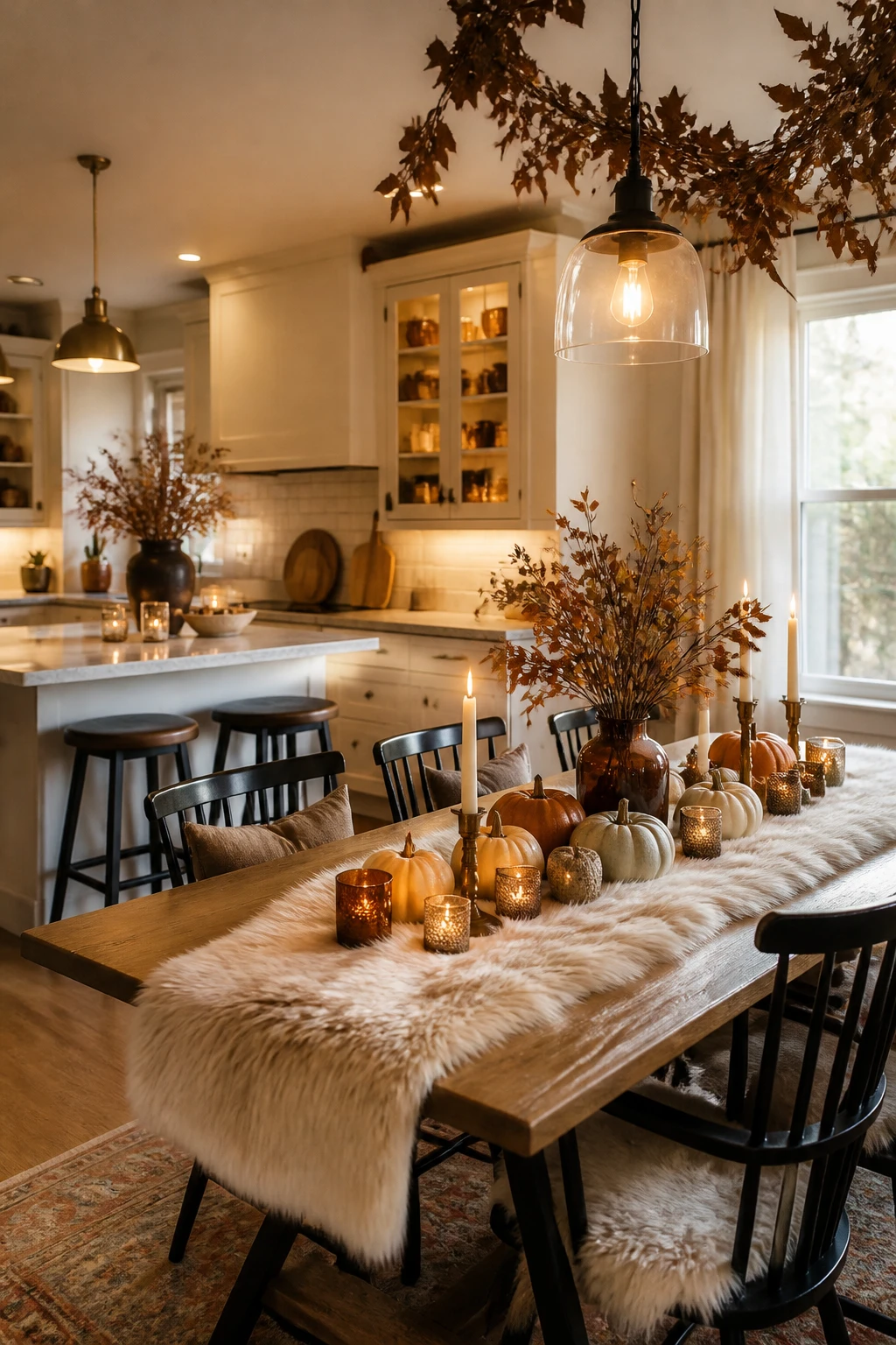 Cream kitchen beside a wooden dining table decorated with pumpkins, amber glass, a fluffy runner, and brown autumn branches.