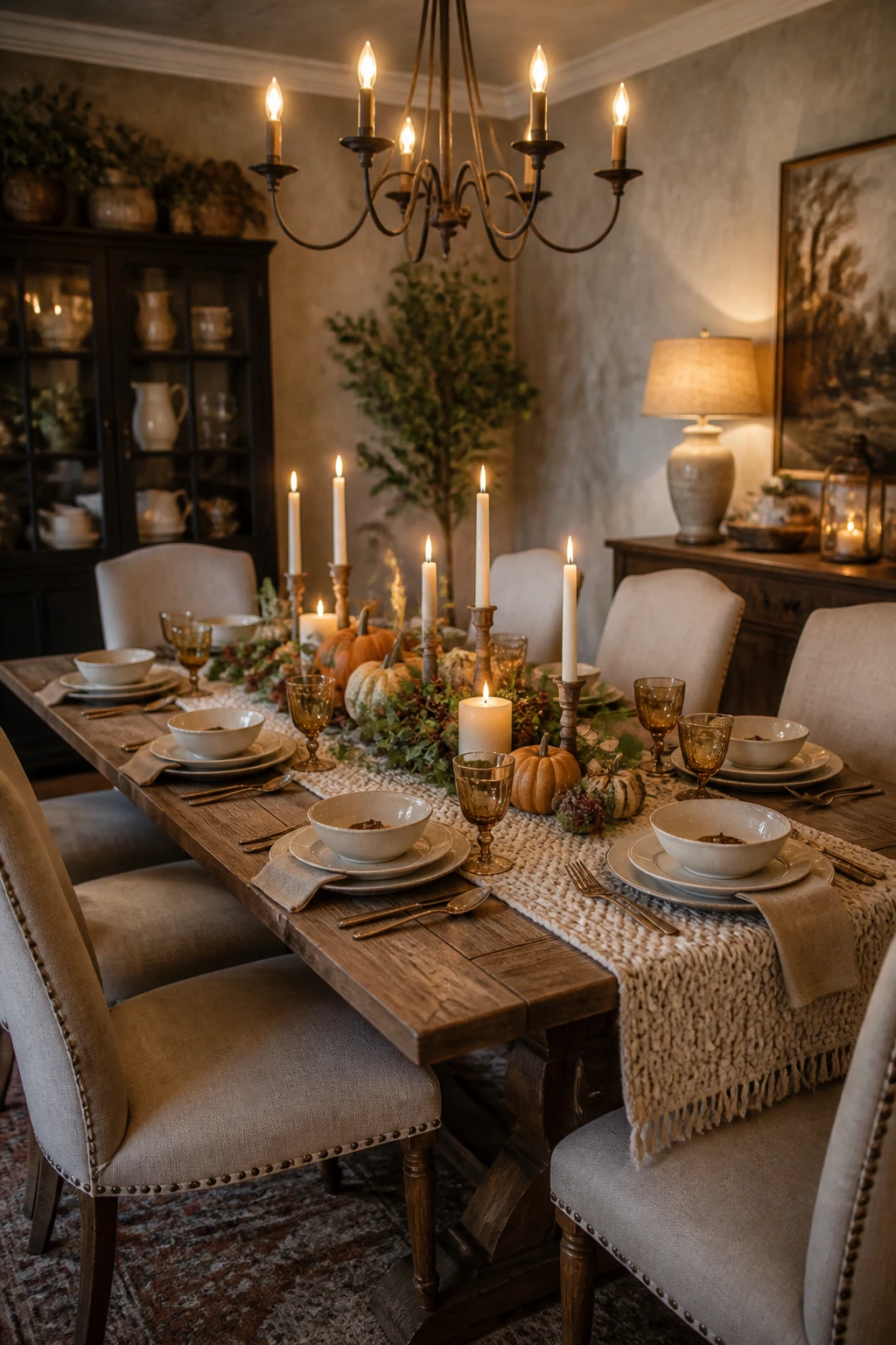 Rustic dining table with cream place settings, amber glasses, pumpkins, greenery, and tall candles beneath a chandelier.