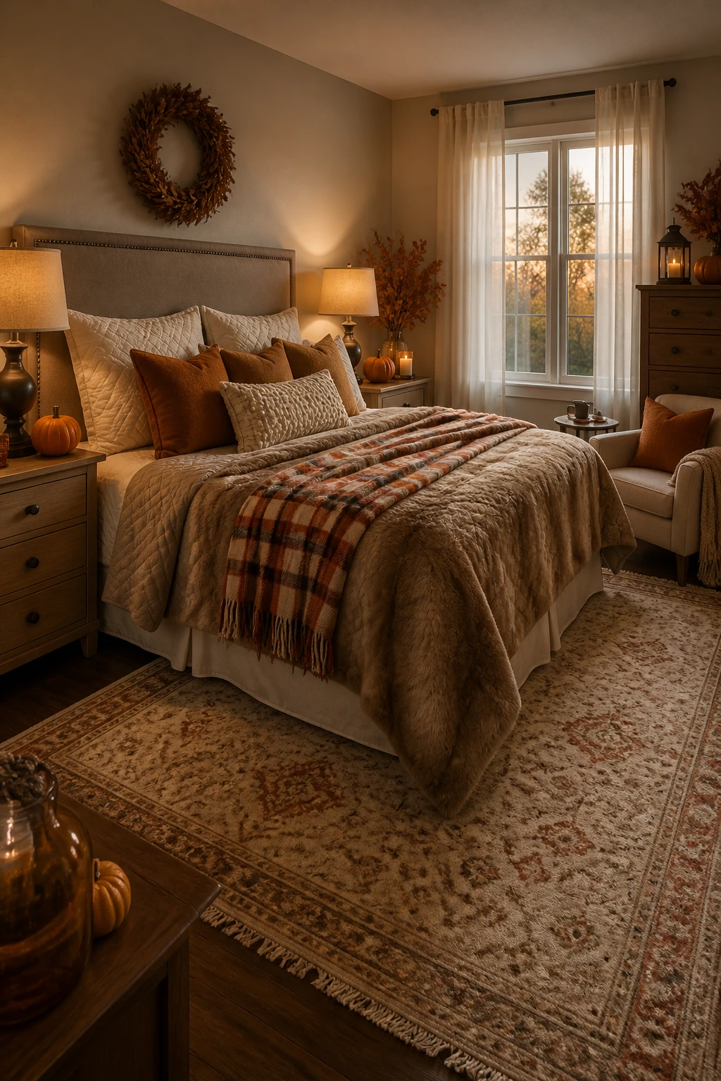 Bedroom with cream and rust pillows, layered taupe bedding, a plaid throw, bedside lamps, and an autumn wreath above the headboard.