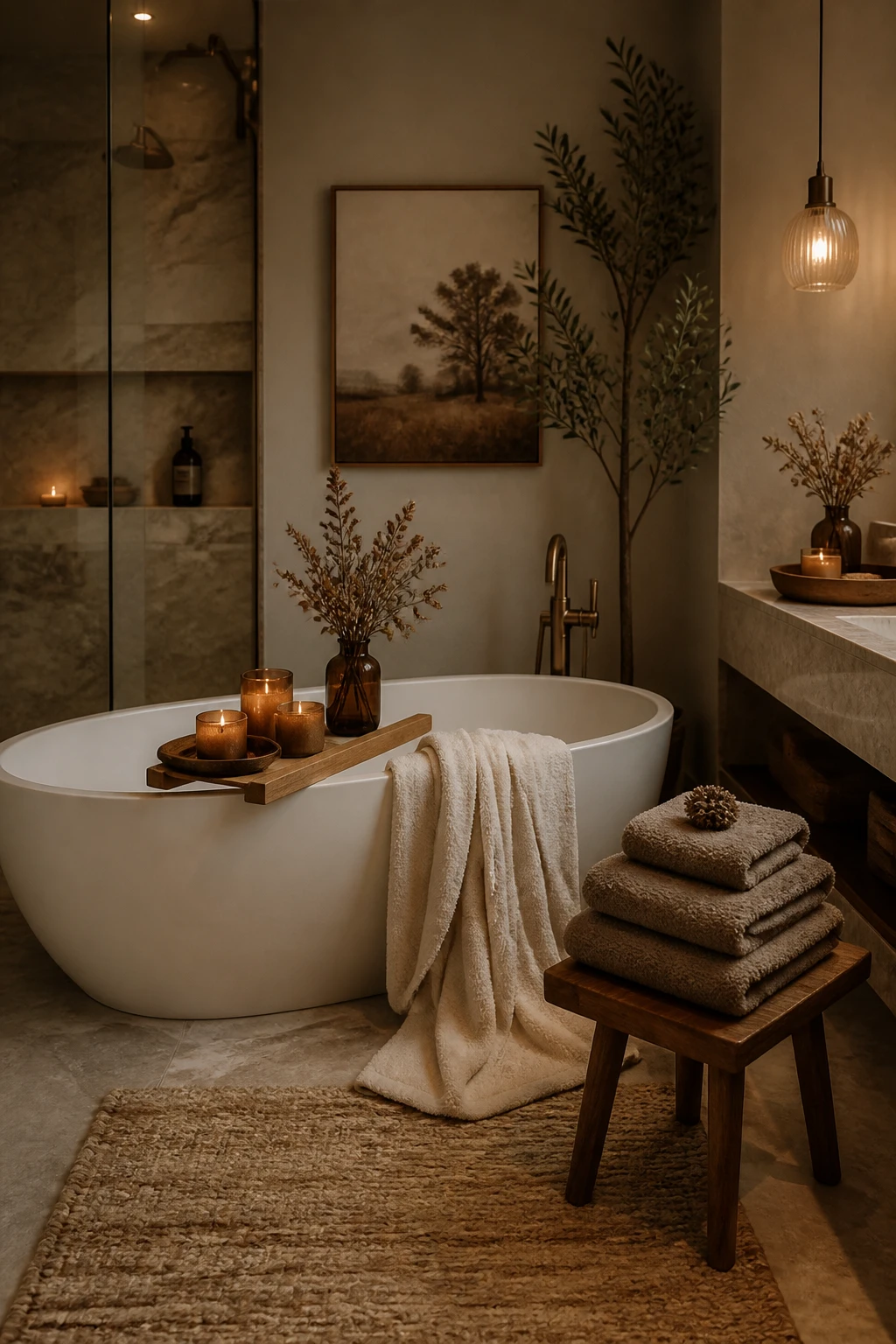 Neutral bathroom with a freestanding white tub, amber candleholders on a bath tray, folded taupe towels, and framed botanical art.