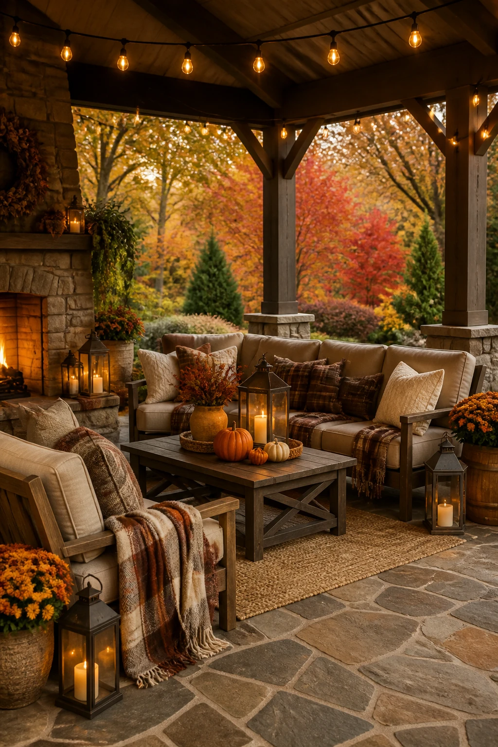 Covered stone patio with cushioned seating, plaid throws, lanterns, pumpkins, and string lights overlooking autumn trees.