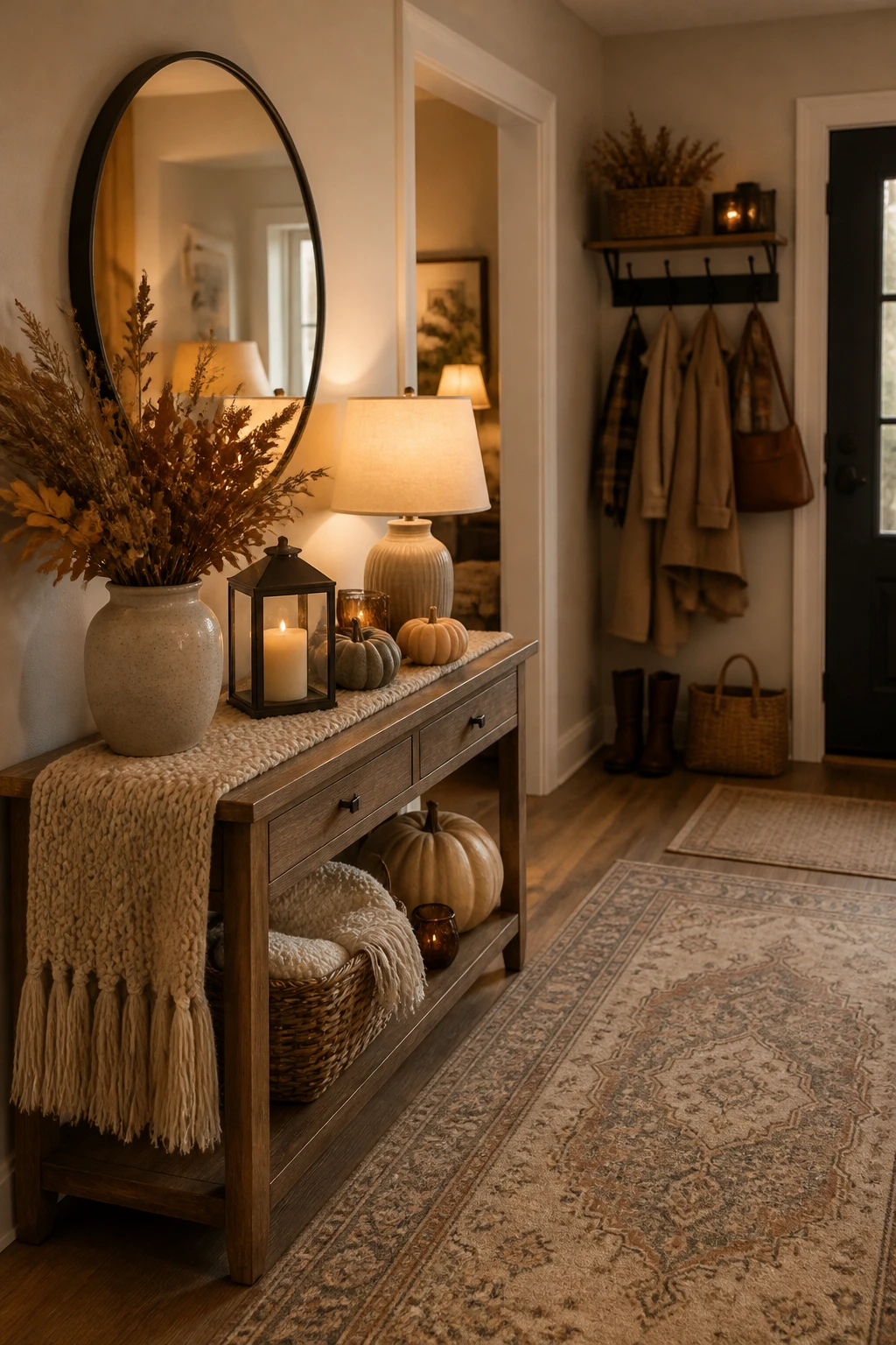 Entryway console with a round mirror, table lamp, cream vase of dried stems, small pumpkins, and coat hooks beside the door.