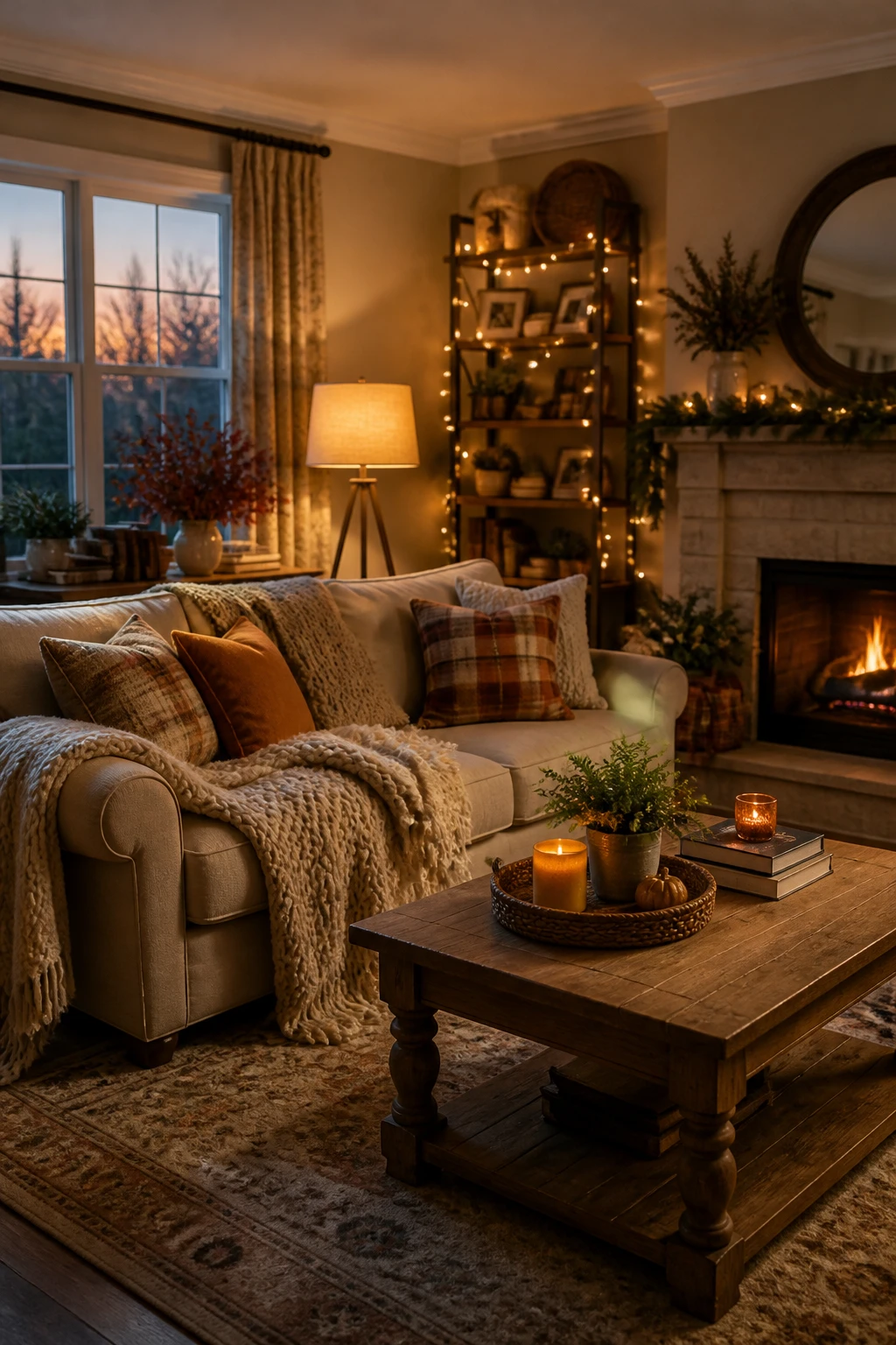 Living room with a cream sofa, rust and plaid cushions, a knitted throw, a wooden coffee table, and warm shelf lighting.