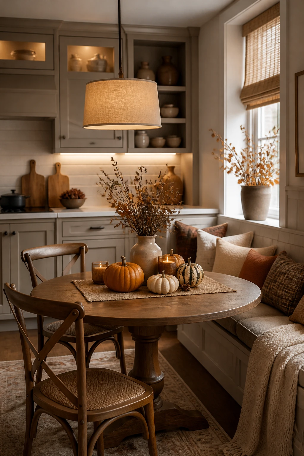Breakfast nook with a round wooden table, mixed pumpkins, a vase of autumn stems, cream seating, and a woven pendant light.