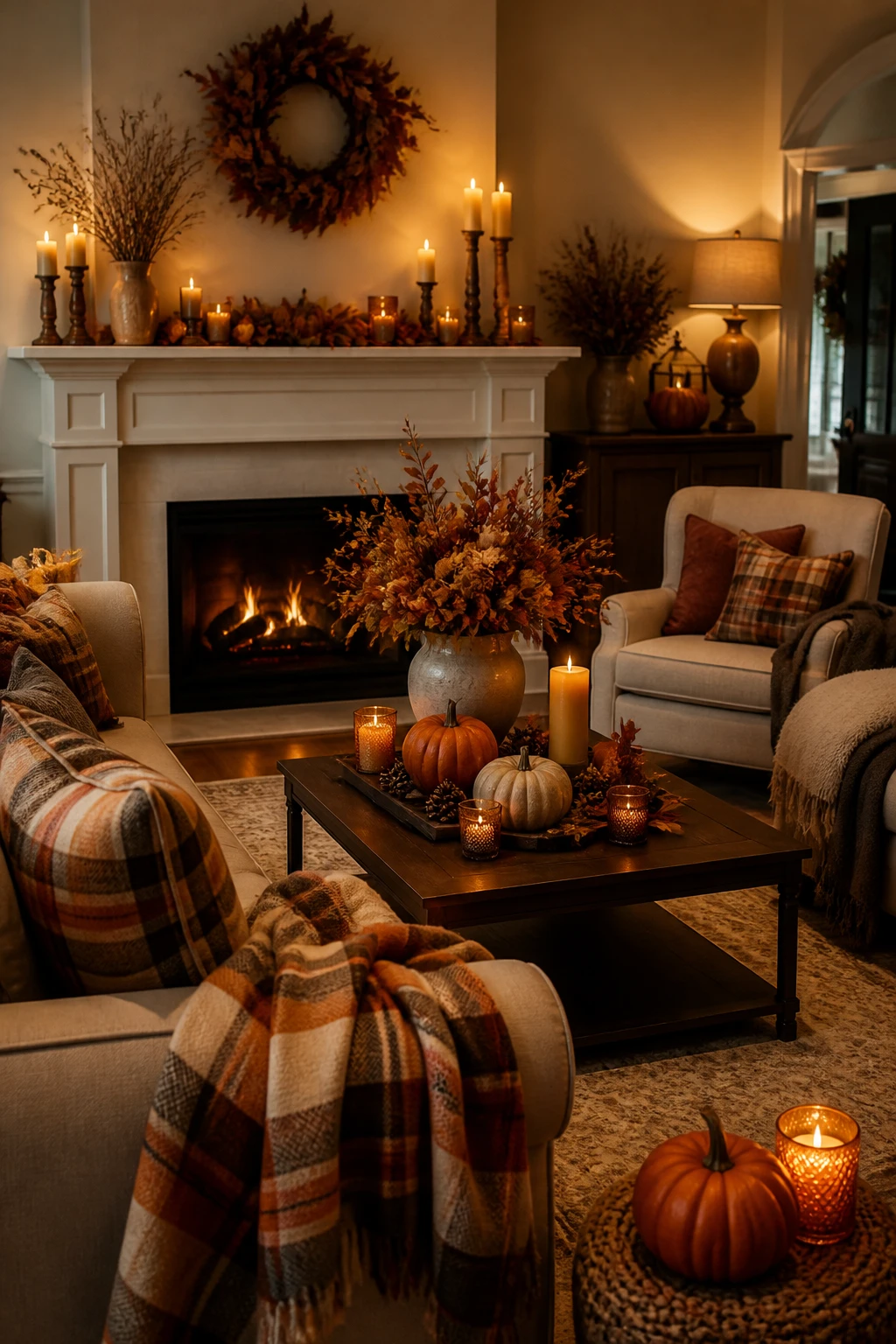 Fall living room with a white fireplace mantel, an autumn wreath, plaid seating, pumpkins, and amber candlelight.